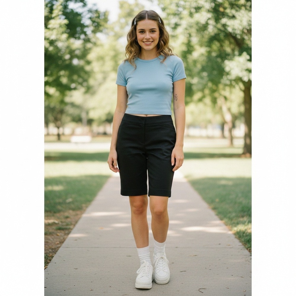 White House Black Market Slim‎ Bermuda Shorts Black Flat Front Pockets - Size 8